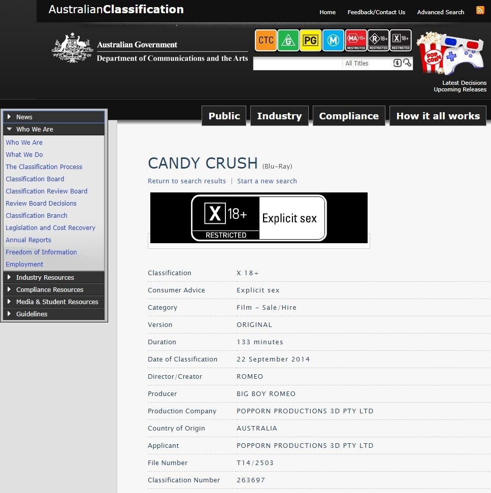 Kim Cums: Classification de Candy Crush X-18 +