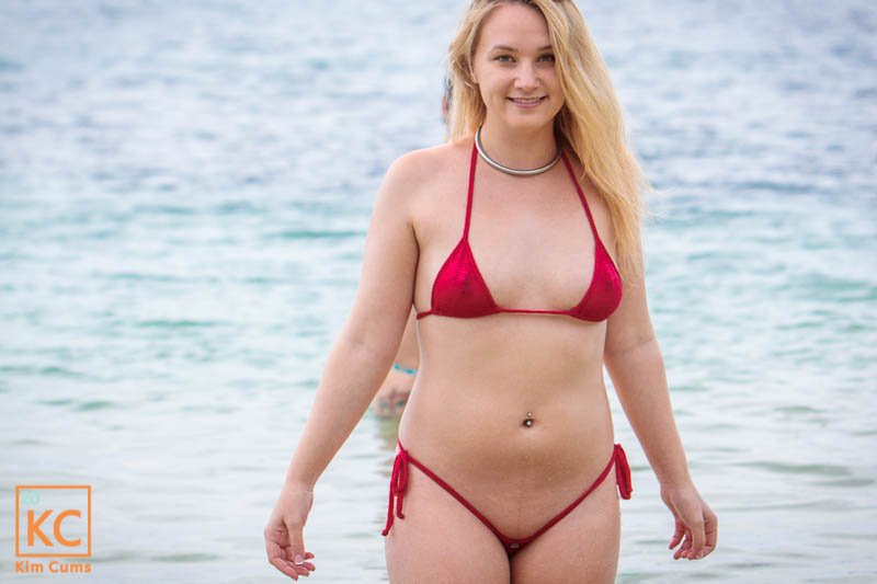 Kim Cums: Berry Red Micro-bikini I